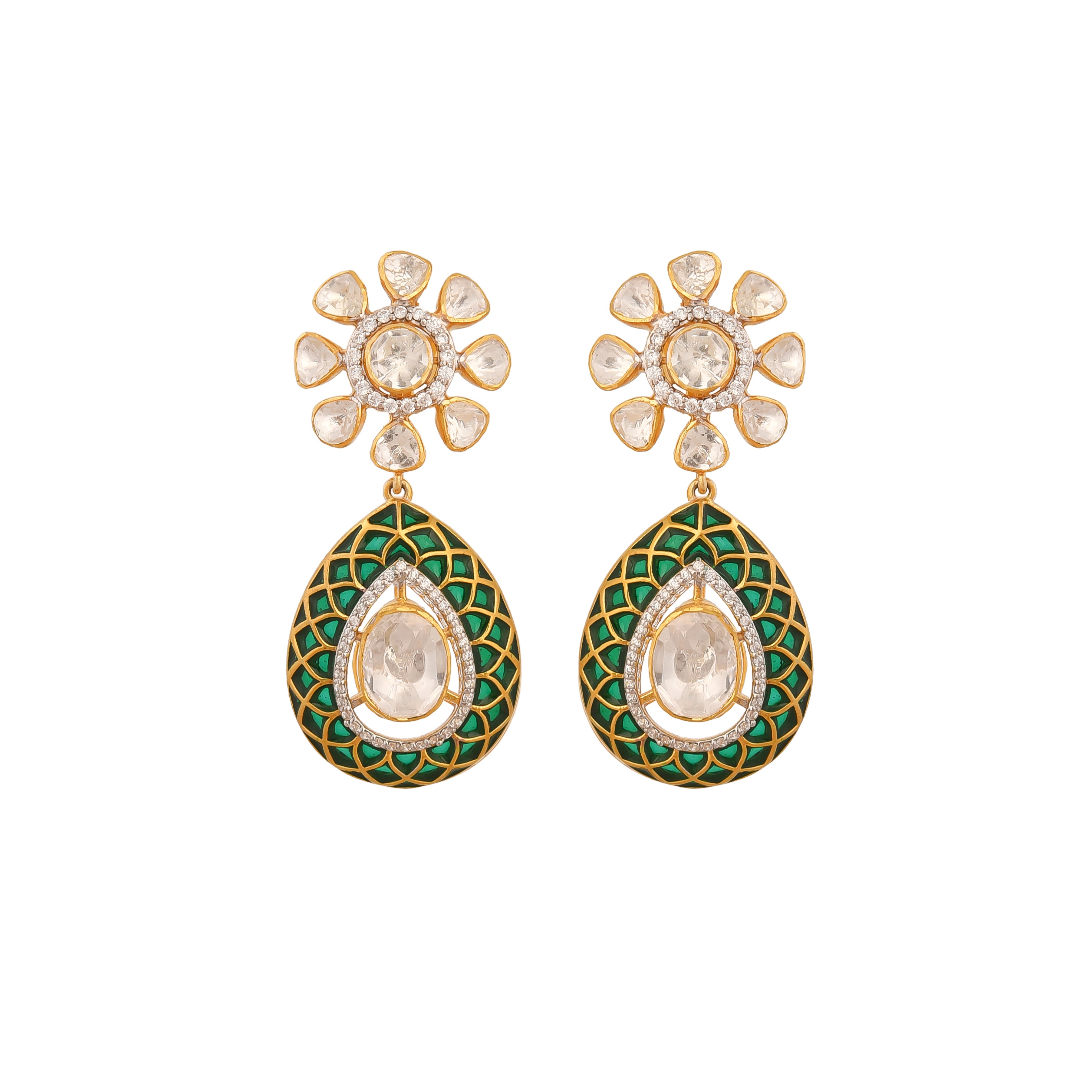 Floral Polki & Green Meenakari Silver Drop Earrings