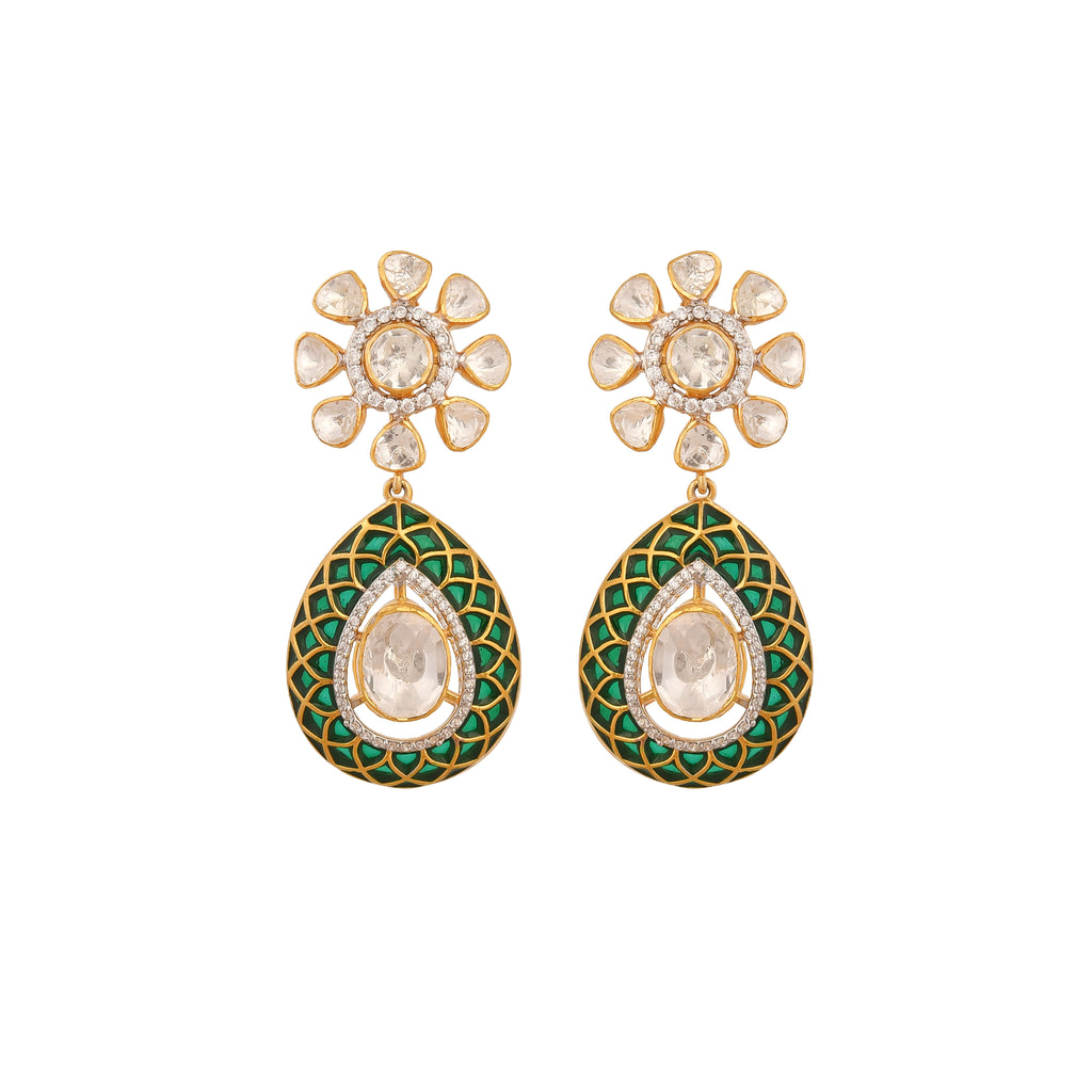 Floral Polki & Green Meenakari Silver Drop Earrings