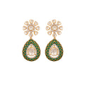 Floral Polki & Green Meenakari Silver Drop Earrings