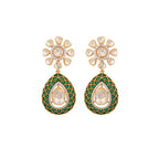 Floral Polki & Green Meenakari Silver Drop Earrings