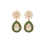 Floral Polki & Green Meenakari Silver Drop Earrings