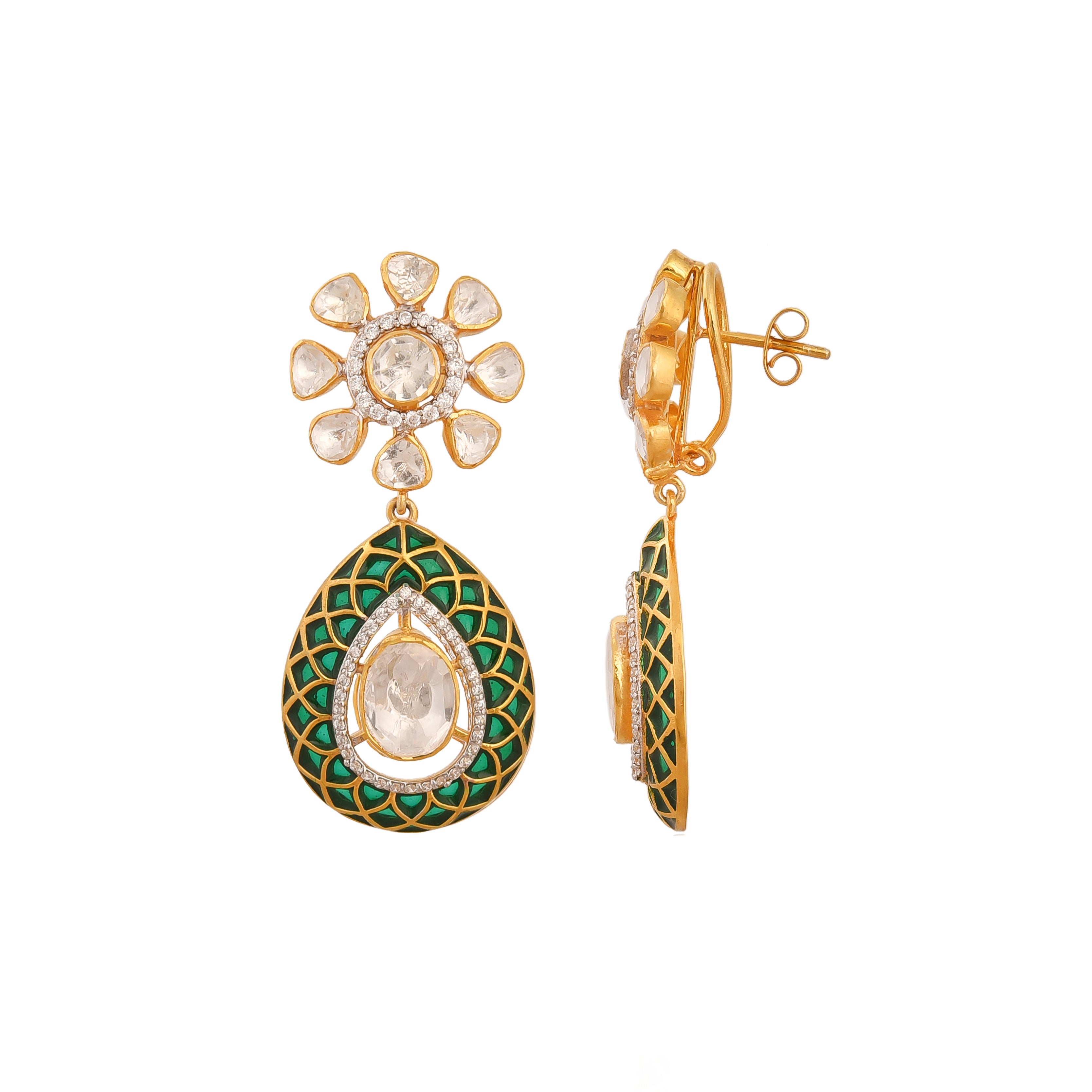 Floral Polki & Green Meenakari Silver Drop Earrings
