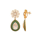 Floral Polki & Green Meenakari Silver Drop Earrings