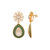Floral Polki & Green Meenakari Silver Drop Earrings