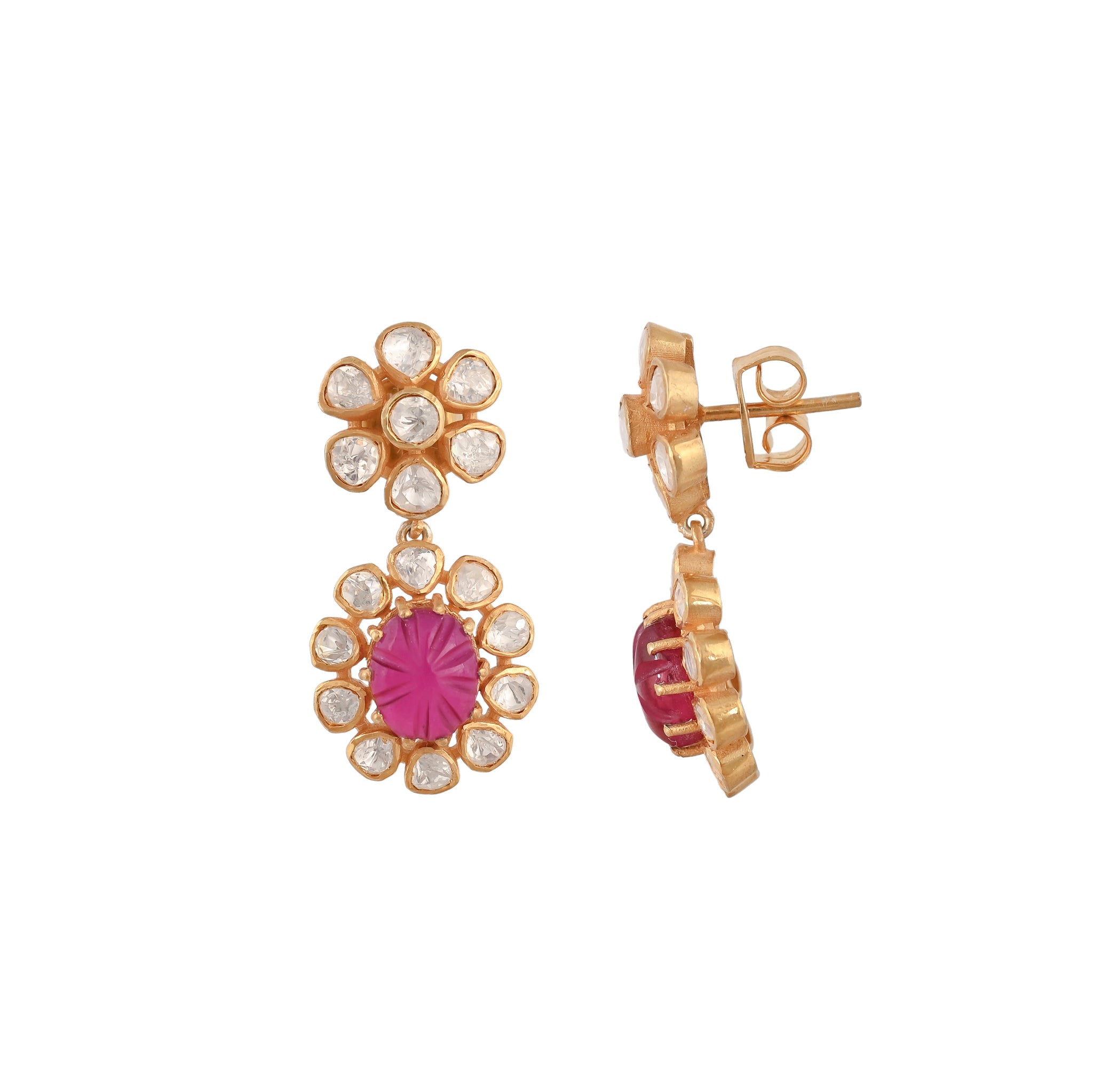 Ruby Drop Floral Silver Earrings