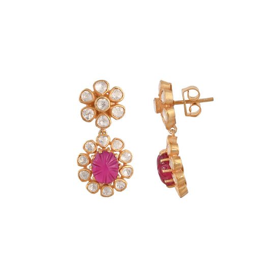 Ruby Drop Floral Silver Earrings