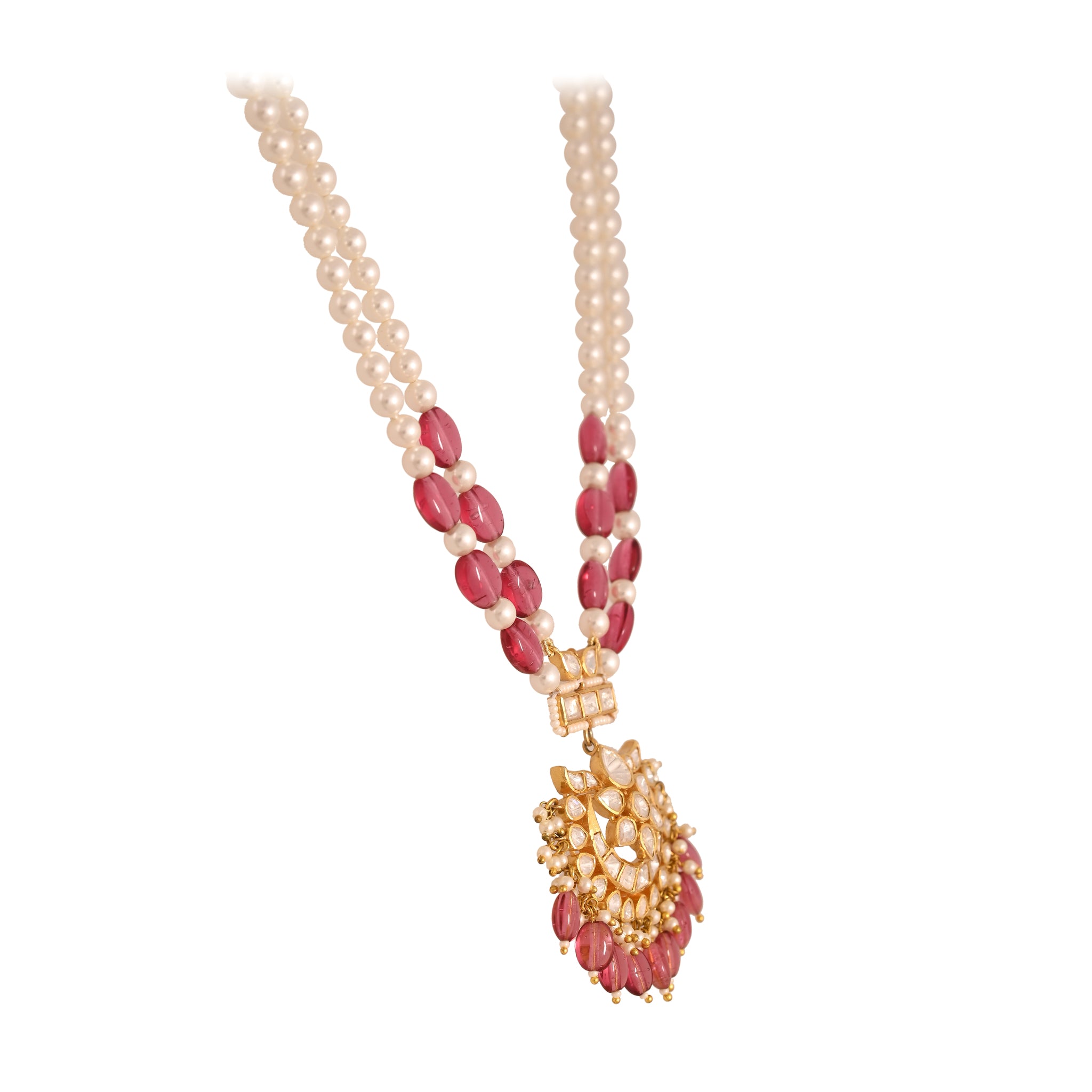 Gulnaar Ruby & Polki Silver Pearl Necklace Set