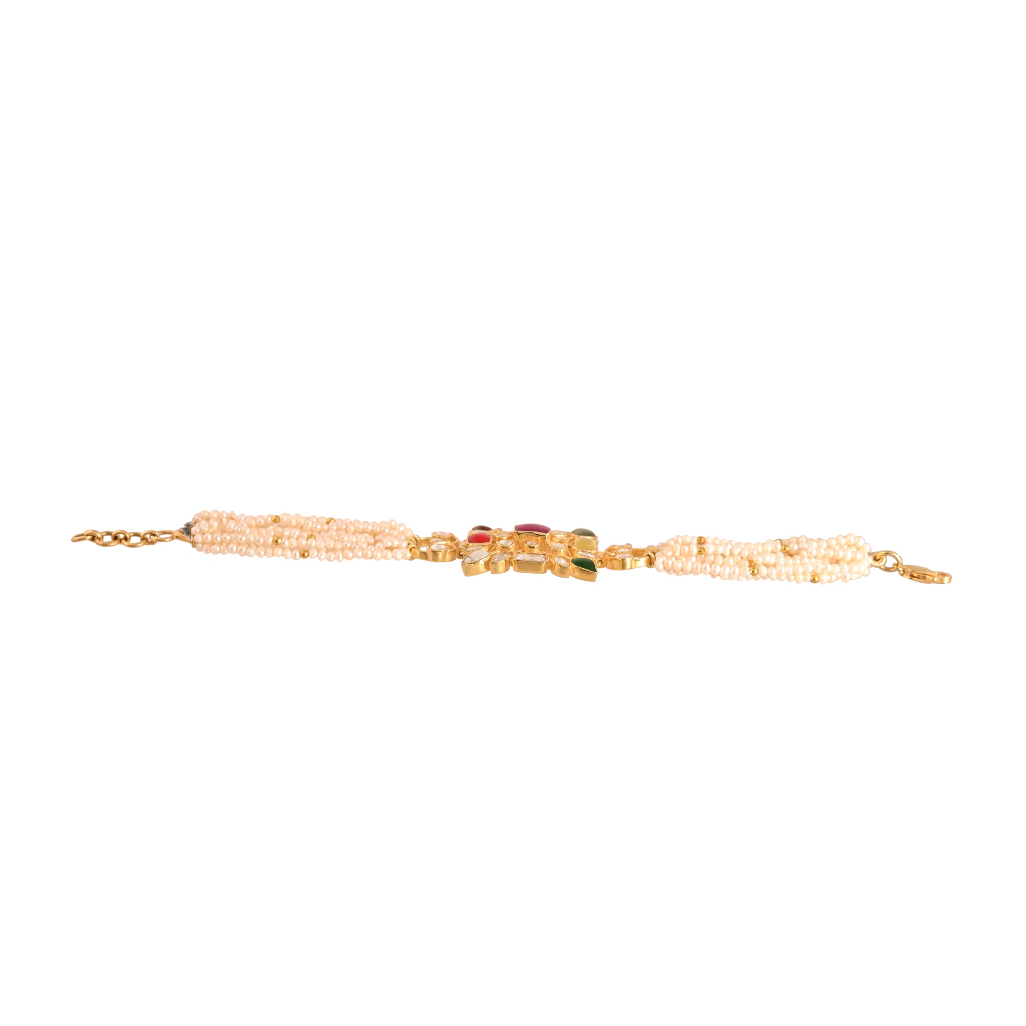 Navratna Silver Flexible Bracelet with Pearls