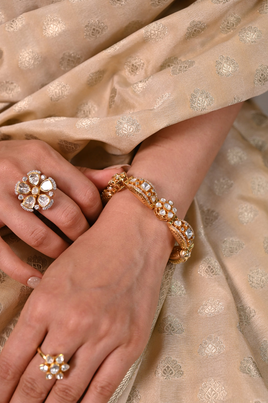 Noor Flower Polki Silver Ring
