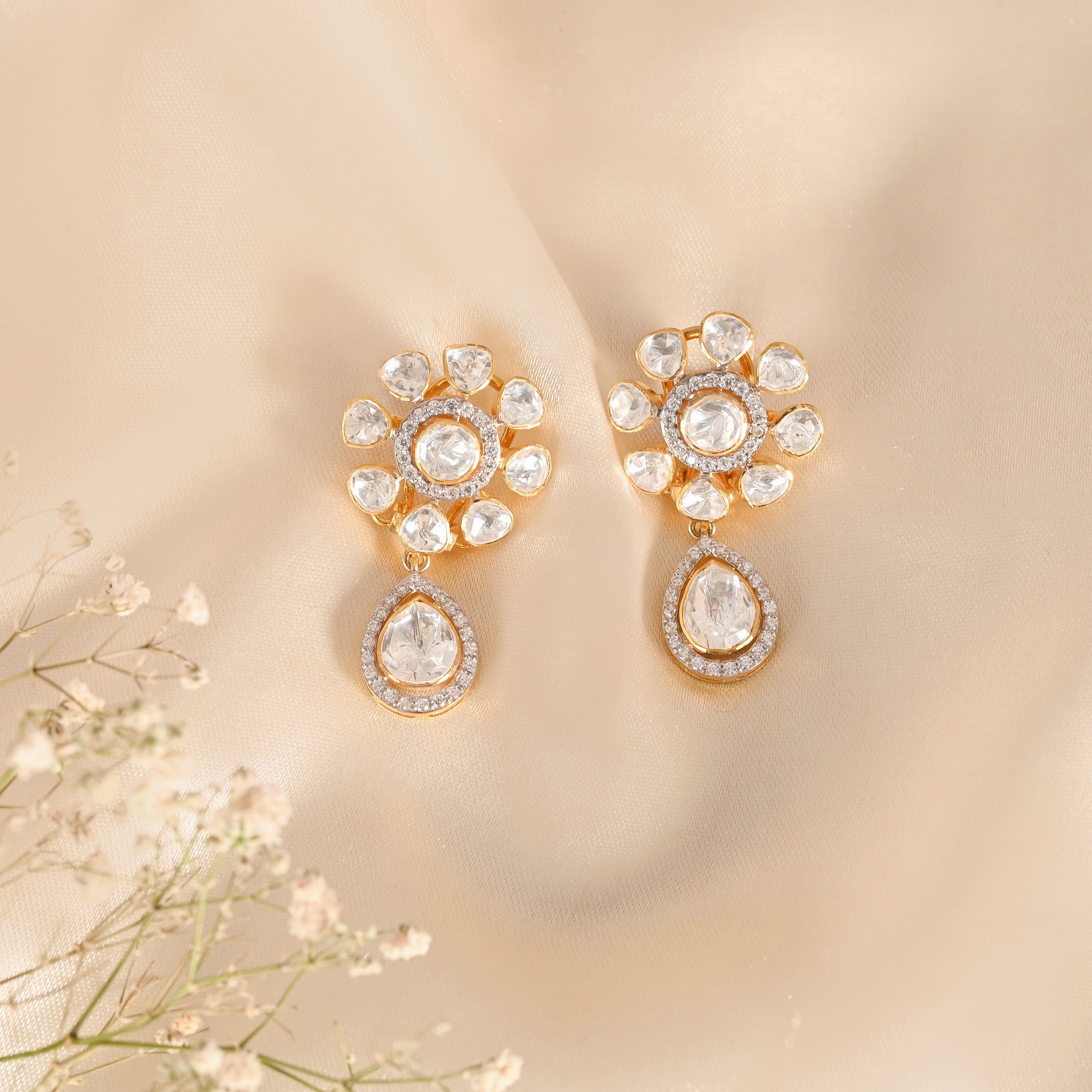 Noor Floral Polki Drop Silver Earrings