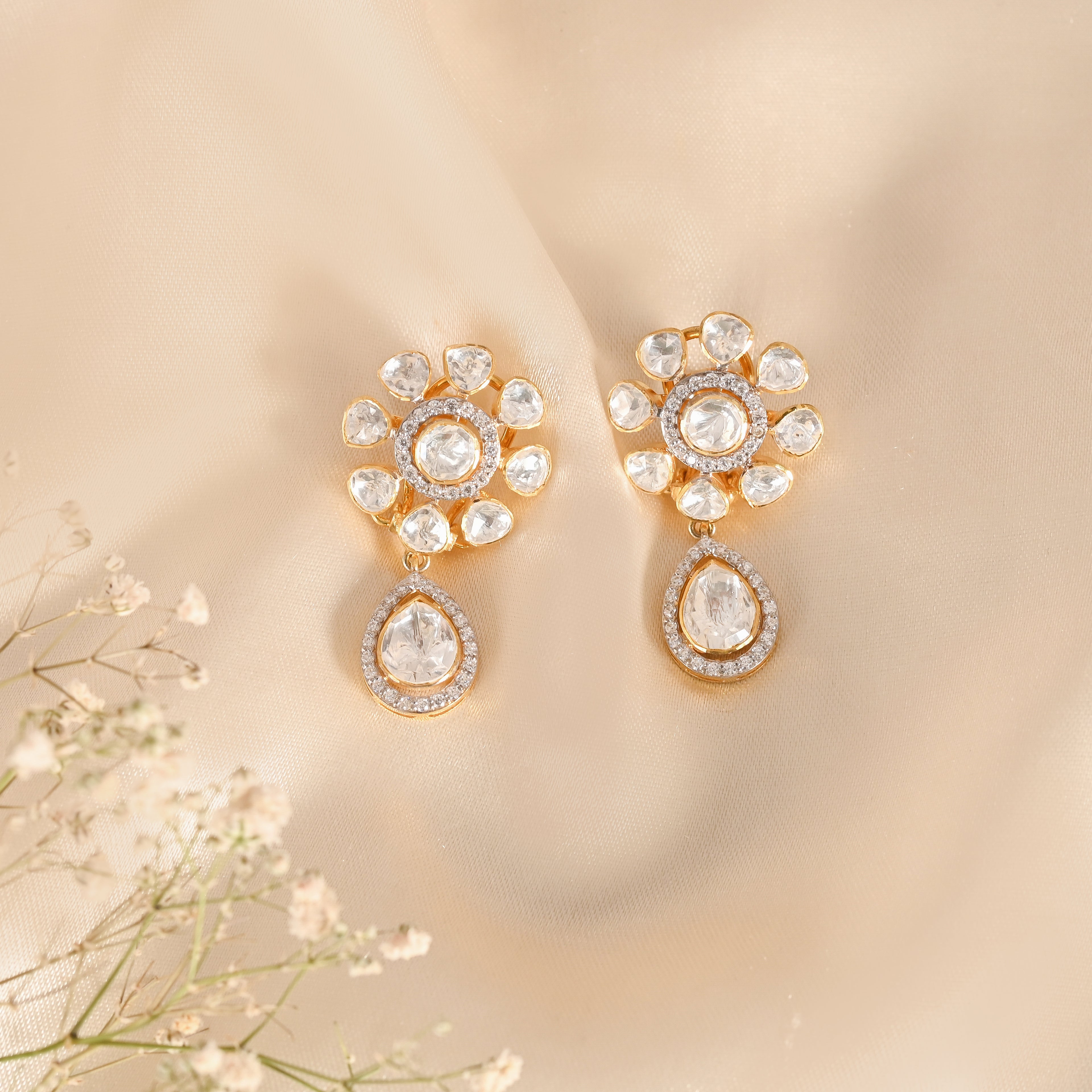 Noor Floral Polki Drop Silver Earrings
