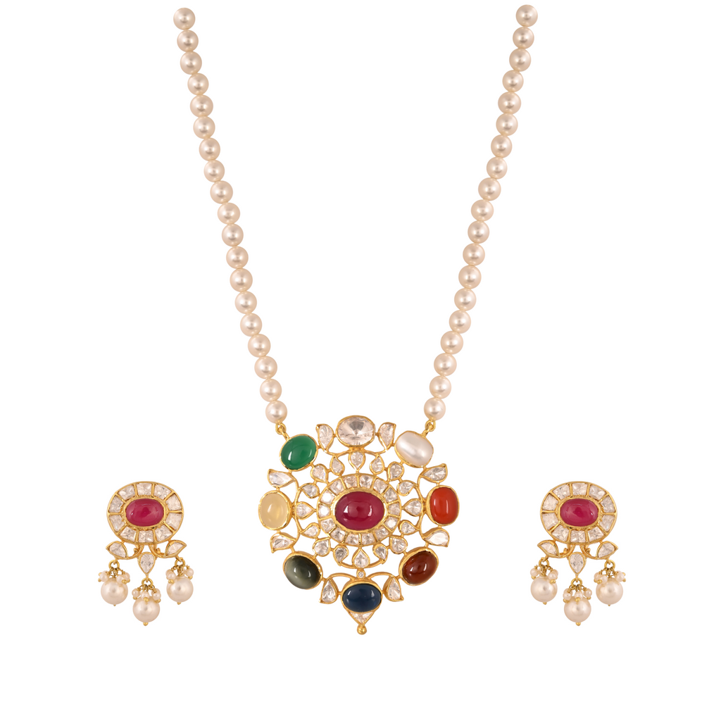 Navratna Polki Silver Necklace Set