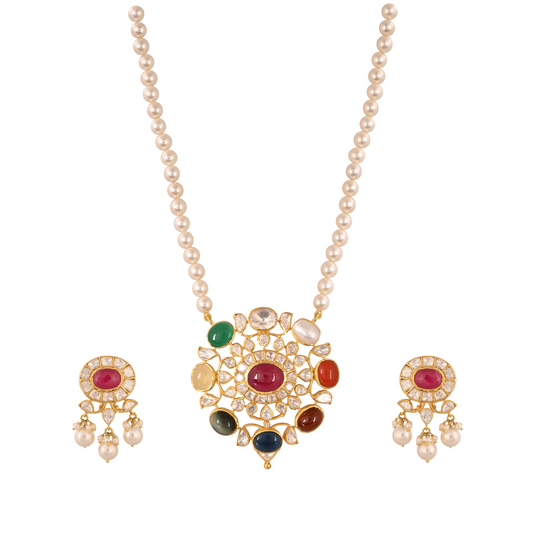 Navratna Polki Silver Necklace Set