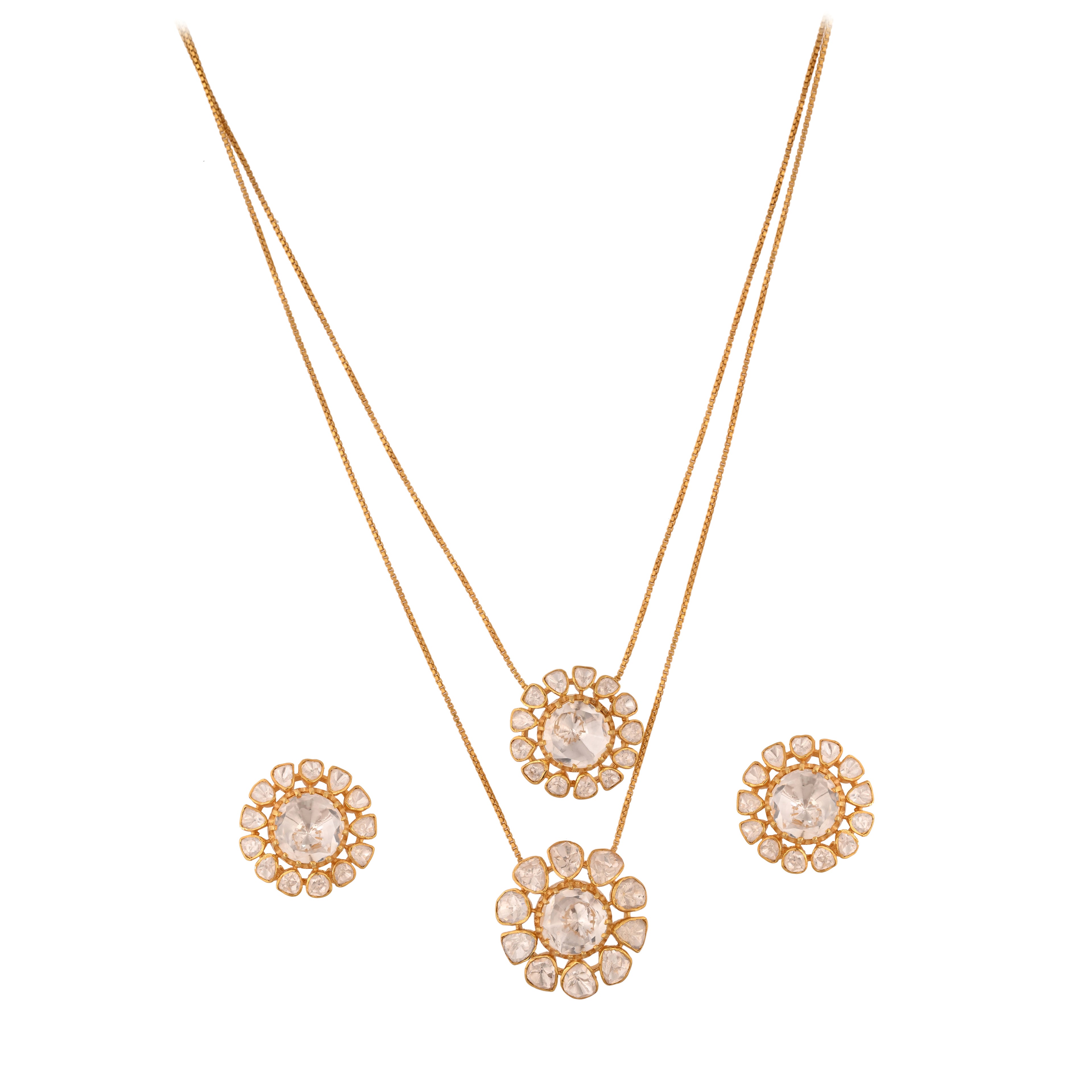 Noor Bloom Polki Layered Silver Necklace Set (2 Strings)