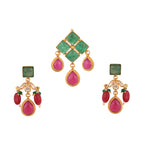 Emerald & Ruby Drop Silver Pendant Set